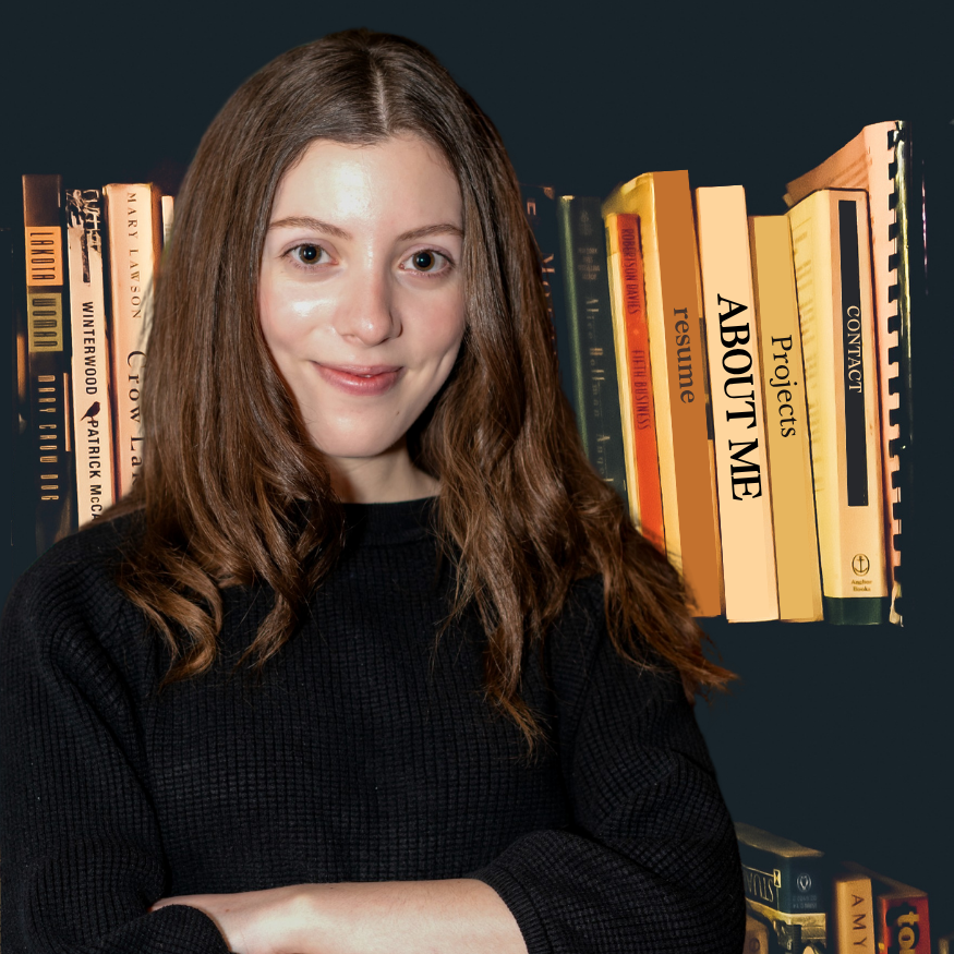 Brunette woman smiling with black sweater with a bookshelf background that has clickable sections for Resume, About, Projects, and Contact